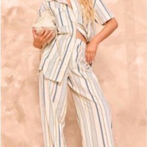 PrettyLittleThing Cream and Blue Striped Wide Leg Jumpsuit